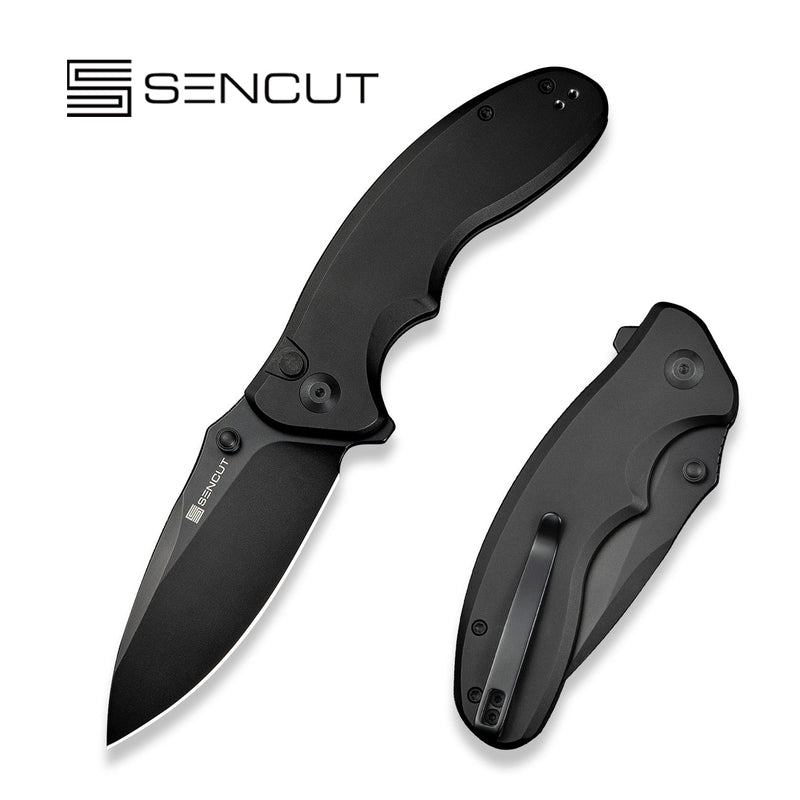 SENCUT Cybrix Thumb Stud & Flipper Knife Black Aluminum Handle (3.46" Black 9Cr18MoV Blade) S23098A - 1 - SENCUT