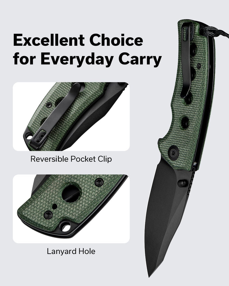 SENCUT Excalis Flipper & Thumb Stud Knife Green Canvas Micarta Handle (2.97" Black 9Cr18MoV Blade) S23068 - 3