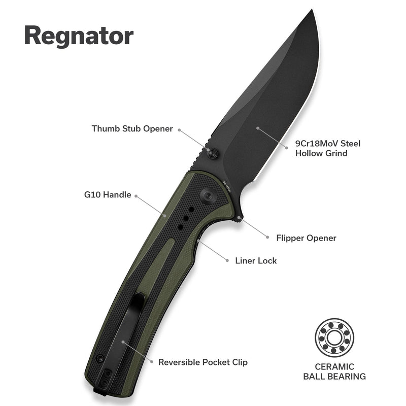 SENCUT Regnator Flipper & Thumb Stud Knife Green / Black G10 Handle (3.48" Black 9Cr18MoV Blade) S24057 - 2 - SENCUT