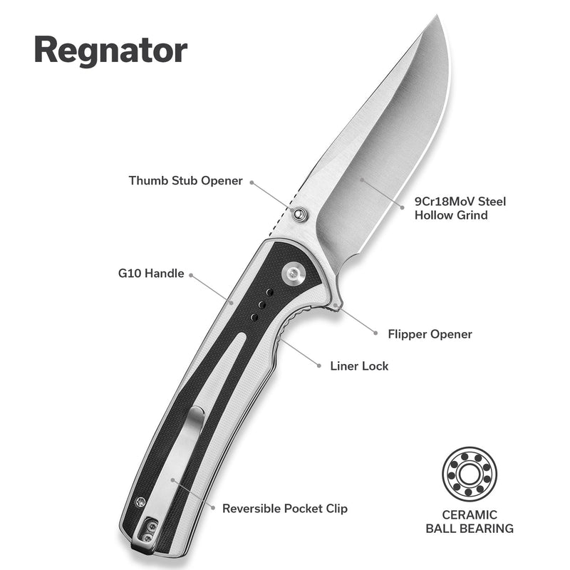 SENCUT Regnator Flipper & Thumb Stud Knife White / Black G10 Handle (3.48" Satin Finished 9Cr18MoV Blade) S24057 - 3 - SENCUT