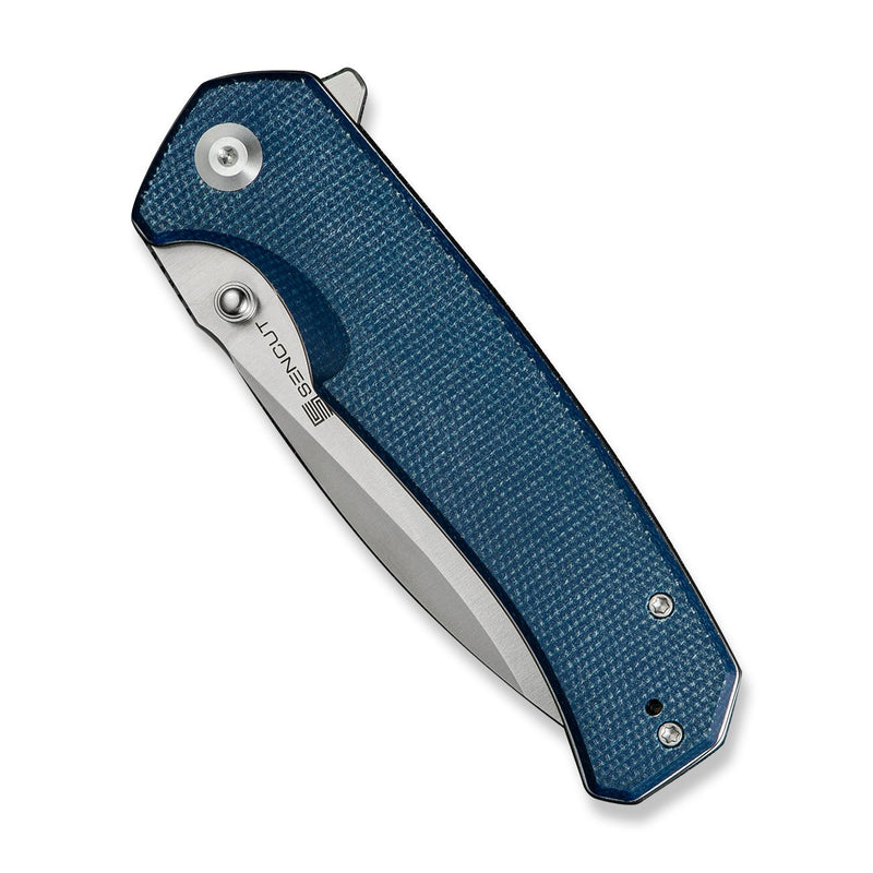 SENCUT Skarnax Flipper & Thumb Stud Knife Blue Canvas Micarta Handle (3.79" Satin Finished 9Cr18MoV Blade) S24025 - 3 - SENCUT