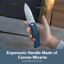 SENCUT Skarnax Flipper & Thumb Stud Knife Blue Canvas Micarta Handle (3.79" Satin Finished 9Cr18MoV Blade) S24025 - 3 - SENCUT