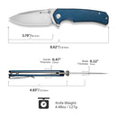 SENCUT Skarnax Flipper & Thumb Stud Knife Blue Canvas Micarta Handle (3.79" Satin Finished 9Cr18MoV Blade) S24025 - 3 - SENCUT