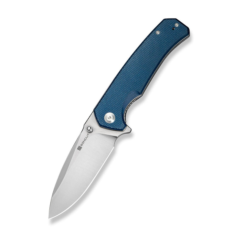 SENCUT Skarnax Flipper & Thumb Stud Knife Blue Canvas Micarta Handle (3.79" Satin Finished 9Cr18MoV Blade) S24025 - 3 - SENCUT