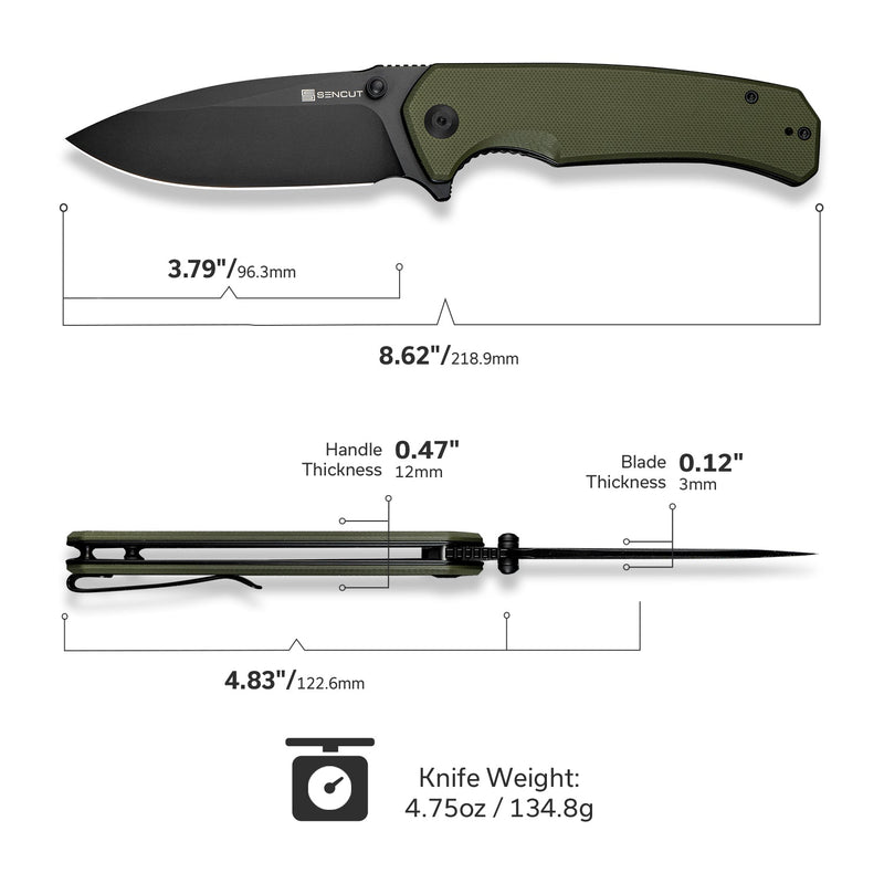 SENCUT Skarnax Flipper & Thumb Stud Knife OD Green G10 Handle (3.79" Black 9Cr18MoV Blade) S24025 - 2 - SENCUT