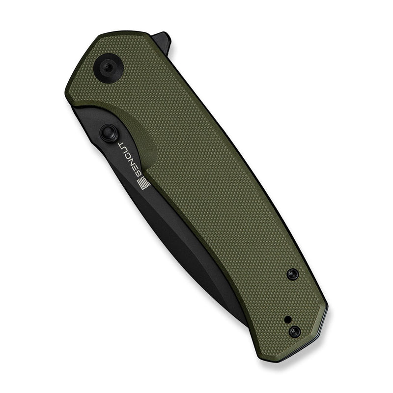 SENCUT Skarnax Flipper & Thumb Stud Knife OD Green G10 Handle (3.79" Black 9Cr18MoV Blade) S24025 - 2 - SENCUT