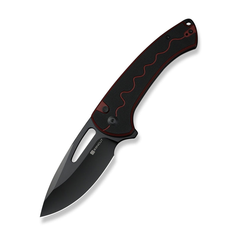 SENCUT Squiggy Flipper & Thumb Hole & Button Lock Knife Black / Burgundy G10 Handle (3.89" Black 9Cr18MoV Blade) S24082A Sample3 - SENCUT