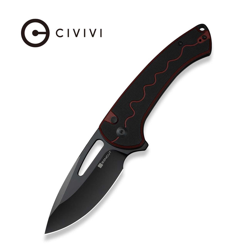 SENCUT Squiggy Flipper & Thumb Hole & Button Lock Knife Black / Burgundy G10 Handle (3.89" Black 9Cr18MoV Blade) S24082A Sample3 - SENCUT