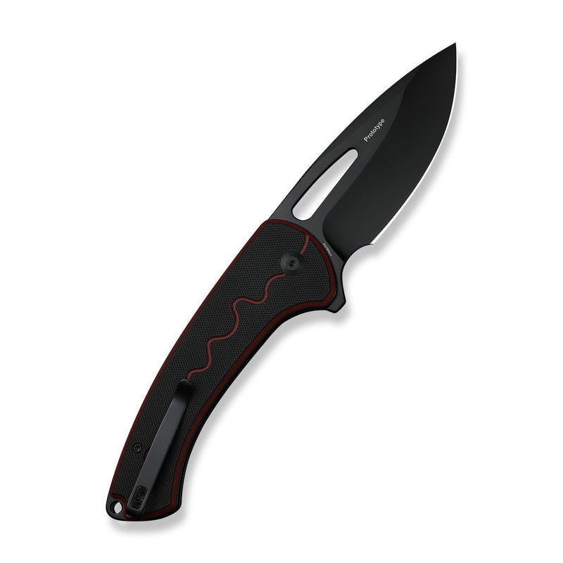 SENCUT Squiggy Flipper & Thumb Hole & Button Lock Knife Black / Burgundy G10 Handle (3.89" Black 9Cr18MoV Blade) S24082A Sample3 - SENCUT