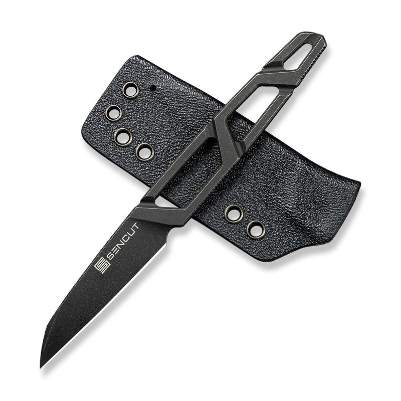 SENCUT TEXO Fixed Blade Neck Knife Skeletonized One - Piece (1.97" Black Stonewashed 9Cr18MoV Blade) S23095 - 1, With 1PC Black Kydex Sheath, Plain Bead Chain & Black Lanyard - SENCUT