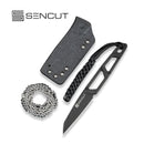 SENCUT TEXO Fixed Blade Neck Knife Skeletonized One - Piece (1.97" Black Stonewashed 9Cr18MoV Blade) S23095 - 1, With 1PC Black Kydex Sheath, Plain Bead Chain & Black Lanyard - SENCUT