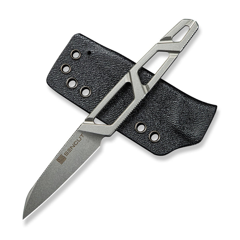 SENCUT TEXO Fixed Blade Neck Knife Skeletonized One - Piece (1.97" Stonewashed 9Cr18MoV Blade) S23095 - 2, With 1PC Black Kydex Sheath, Plain Bead Chain & Black Lanyard - SENCUT