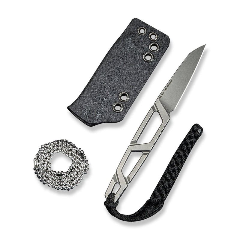 SENCUT TEXO Fixed Blade Neck Knife Skeletonized One - Piece (1.97" Stonewashed 9Cr18MoV Blade) S23095 - 2, With 1PC Black Kydex Sheath, Plain Bead Chain & Black Lanyard - SENCUT