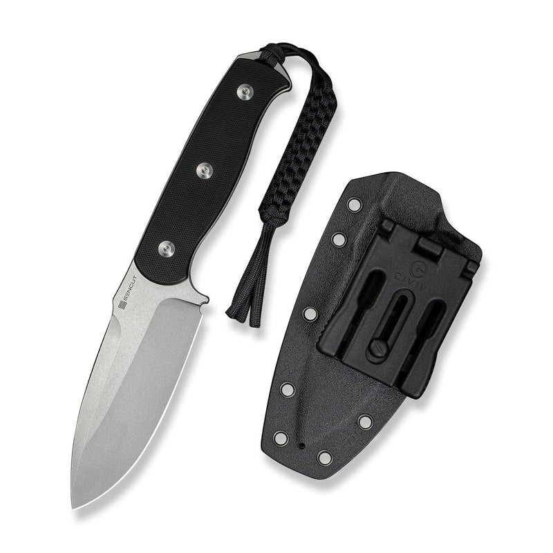 SENCUT Toxodon Fixed Blade Knife Black G10 Handle (4.57" Stonewashed 9Cr18MoV Blade) S24036 - 1, With 1PC Black Lanyard, Black Kydex Sheath & T - Clip - SENCUT