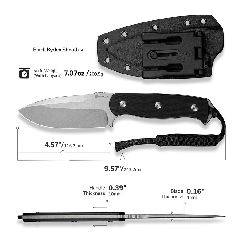 SENCUT Toxodon Fixed Blade Knife Black G10 Handle (4.57" Stonewashed 9Cr18MoV Blade) S24036 - 1, With 1PC Black Lanyard, Black Kydex Sheath & T - Clip - SENCUT