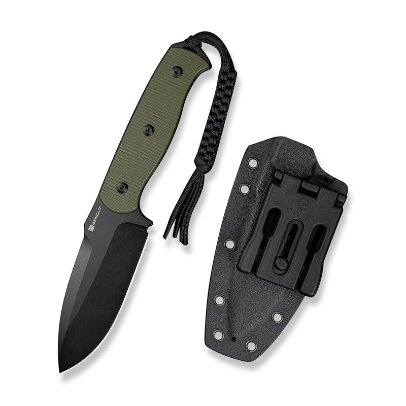 SENCUT Toxodon Fixed Blade Knife OD Green G10 Handle (4.57" Black 9Cr18MoV Blade) S24036 - 2, With 1PC Black Lanyard, Black Kydex Sheath & T - Clip - SENCUT