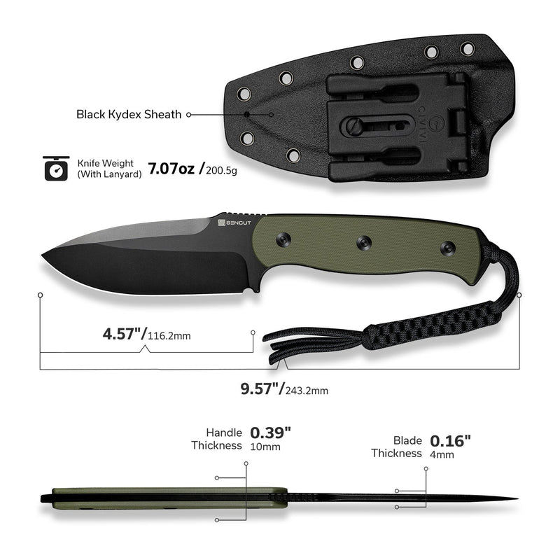 SENCUT Toxodon Fixed Blade Knife OD Green G10 Handle (4.57" Black 9Cr18MoV Blade) S24036 - 2, With 1PC Black Lanyard, Black Kydex Sheath & T - Clip - SENCUT